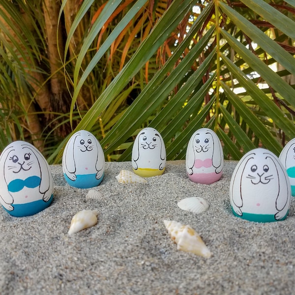 Painted Wood Beach Bunny Easter Eggs, Kid Basket Gift, Coastal Spring Tablescape, Tiered Tray holiday decoration