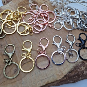 Könnte beinhalten: Sortiment an Schlüsselanhängern in verschiedenen Ausführungen, darunter Gold, Silber, Roségold und Schwarz. Die Schlüsselanhänger verfügen über eine Vielzahl von Stilen, darunter geteilte Ringe, Hummerverschlüsse und Drehhaken.