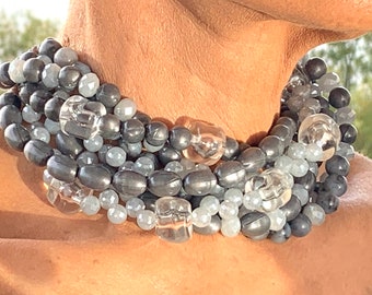 Silver Crystal Multi Strand Bold Statement Choker Necklace