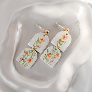 Wildflowers spring whimsical unique clay statement handmade cottagecore earrings in white