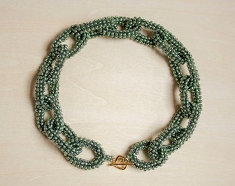Beadwoven chunky chain necklace galvanized metallic green handmade