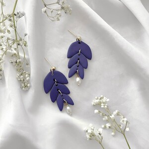 Fall matisse, leaves, trendy, statement, handmade, clay, pearls, minimalist, beige, olive, sage, forest green indigo purple blue earrings image 4