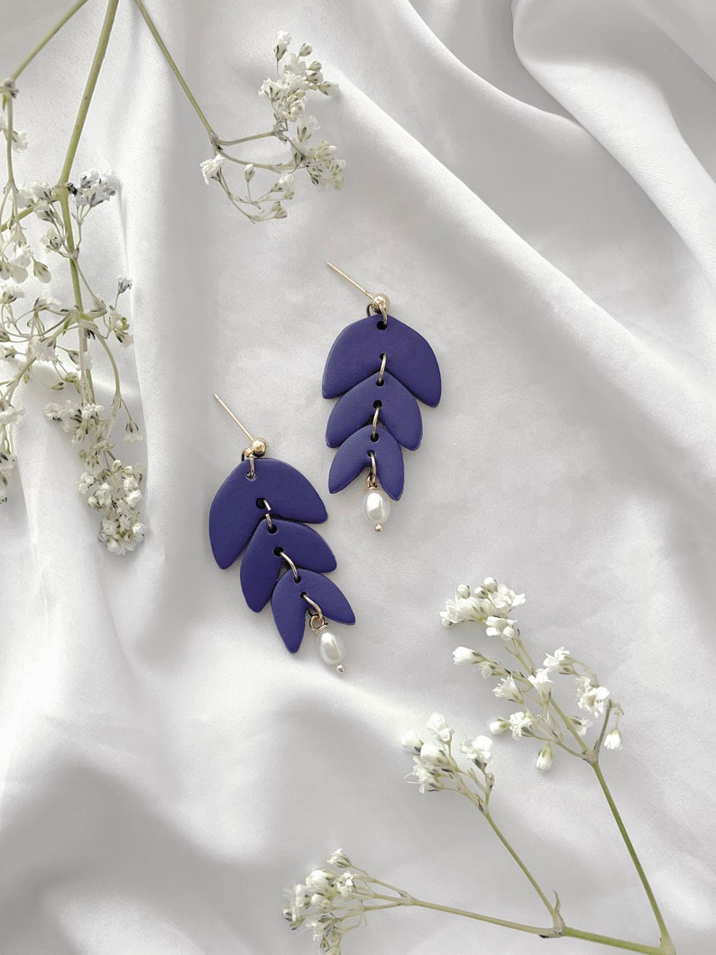 Fall matisse, leaves, trendy, statement, handmade, clay, pearls, minimalist, beige, olive, sage, forest green indigo purple blue earrings image 4