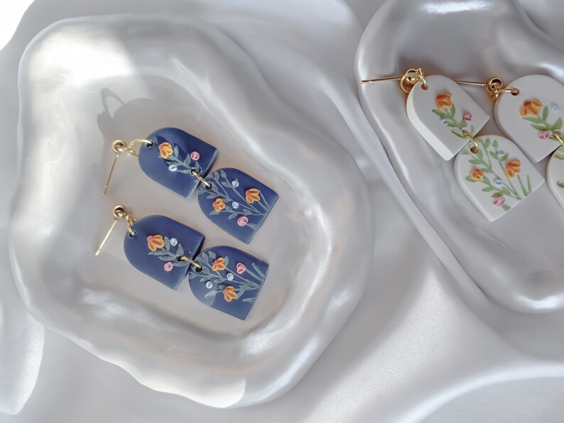 Wildflowers spring whimsical unique clay statement handmade cottagecore earrings in navy blue image 2