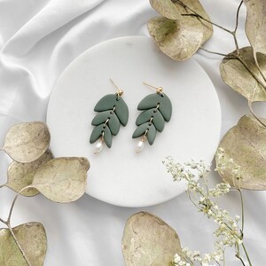 Fall matisse, leaves, trendy, statement, handmade, clay, pearls, minimalist, beige, olive, sage, forest green indigo purple blue earrings Olive green