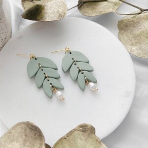 Fall matisse, leaves, trendy, statement, handmade, clay, pearls, minimalist, beige, olive, sage, forest green indigo purple blue earrings Sage