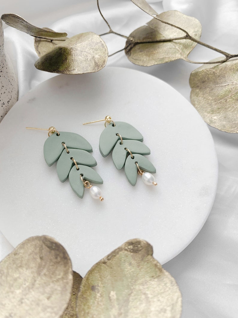 Fall matisse, leaves, trendy, statement, handmade, clay, pearls, minimalist, beige, olive, sage, forest green indigo purple blue earrings Sage