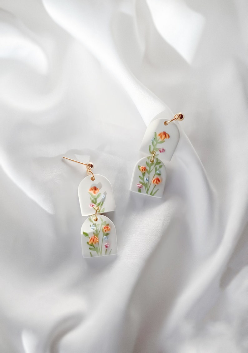 Wildflowers spring whimsical unique clay statement handmade cottagecore earrings in white image 2