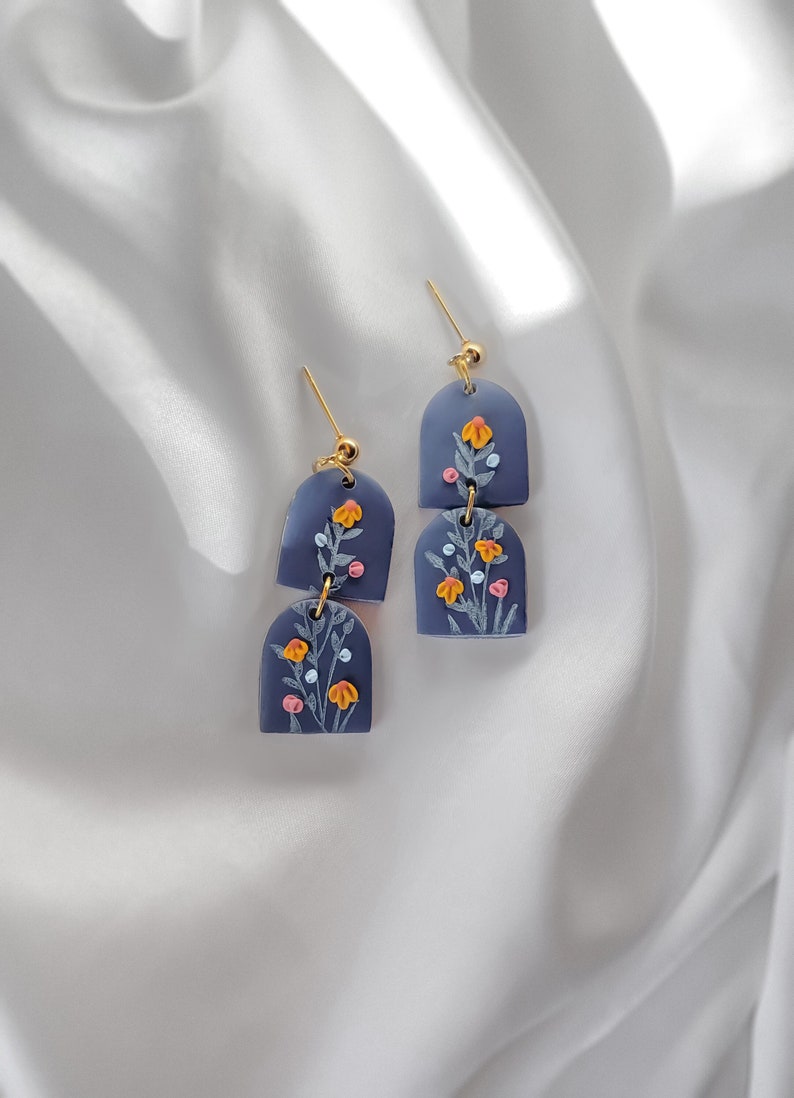 Wildflowers spring whimsical unique clay statement handmade cottagecore earrings in navy blue image 1