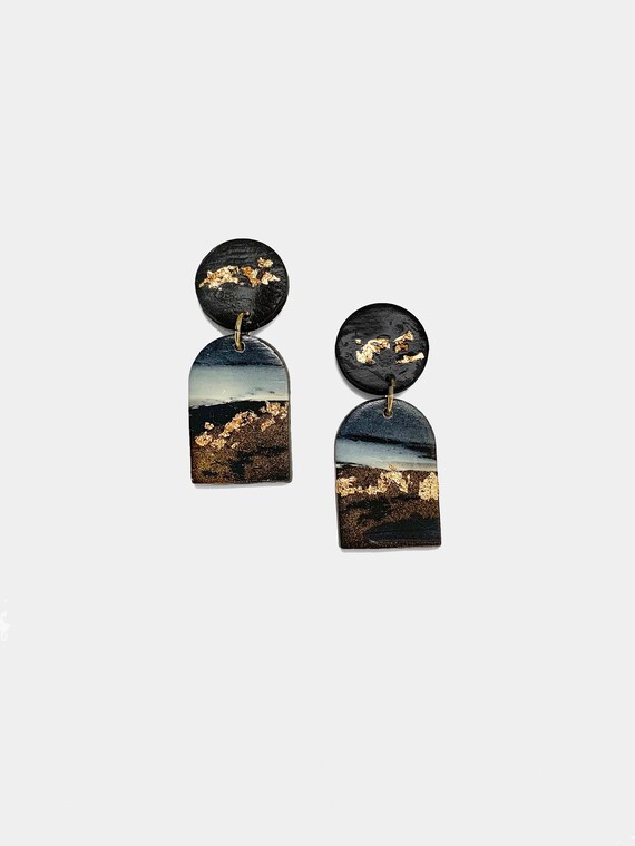 Handmade polymer clay Earthly Collection Limited edition Charcoal smoke gold speckled polymer clay stud dangle earrings