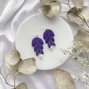 Fall matisse, leaves, trendy, statement, handmade, clay, pearls, minimalist, beige, olive, sage, forest green indigo purple blue earrings Indigo