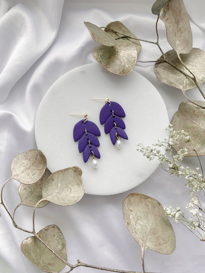 Fall matisse, leaves, trendy, statement, handmade, clay, pearls, minimalist, beige, olive, sage, forest green indigo purple blue earrings Indigo