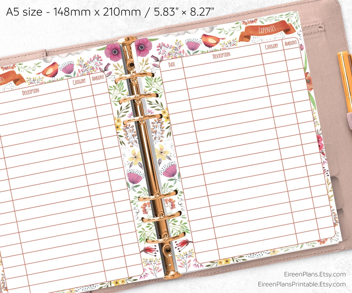 PRINTED A5 Expenses Inserts Planner Refill A5 Ring Planner Etsy