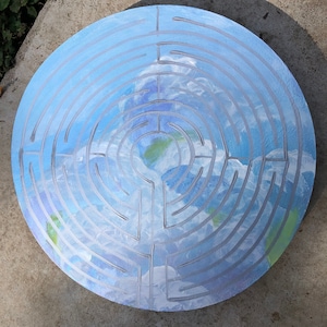 Finding calm during the storm hand painted 13 inch Chartres labyrinth painted by Donna Lindeen Harrington, meditation tool for bringing calm