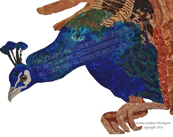 May include: A blue and green peacock with a brown and black tail feathers. The peacock is made of fabric and is a piece of art. The text "Donna Lindeen Harrington copyright 2014" is in the bottom right corner of the image.