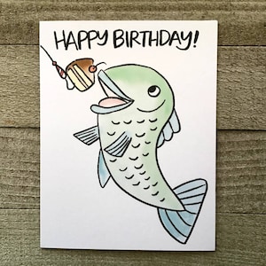Poisson drôle mangeant une carte d'anniversaire de gâteau, vide à l'intérieur, salutation, fait main, dessiné à la main, illustration numérique, pêcheur, pêcheur, chasseur