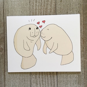 Carte de vœux d’amour, lamantin, animal mignon, drôle, carte illustrée, anniversaire, amant, créature marine, kawaii, dessiné à la main, mariage, fait à la main