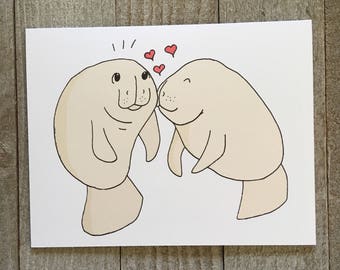 Hand Drawn Manatee Couple Love Card, Anniversary Wedding Greeting, Sea Creature Illustration