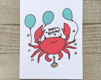 Crab birthday card, hand drawn blank greeting card, cute unique bday card for husband or wife, kawaii cute fun