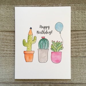 Carte de vœux d’anniversaire, cactus aquarelle, carte peinte à la main, carte aquarelle succulente, réalisée par l’artiste, dessinée, faite à la main, unique, postable