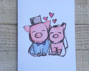 Hand Drawn Bride and Groom Pigs Wedding Card, Anniversary, Pig Lover Gift