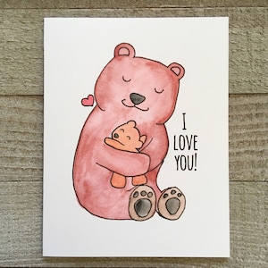 carte de voeux d'amour d'ours, papa, maman, bébé, je t'aime merci pour maman, papa, grand mère, papy, des enfants, fait maison, dessiné à la main, aquarelle