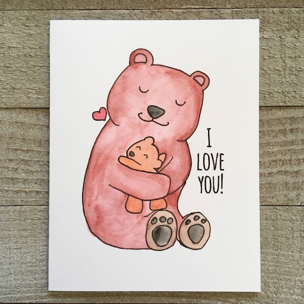 bear love greeting card, papa, mama, baby, I love you thank you for mom, dad, grandma, grandpa, from kids, home made, hand drawn, watercolor