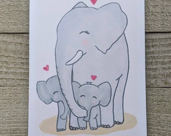 Mother elephant standing with two baby elephants. Mother's day card, two kids, for mom, for aunt, for grandma, for teacher, for nanny, baby