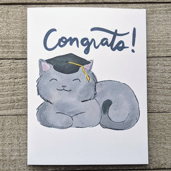 Gray cat graduation card, congrats, congratulations, fluffy kitty, water color, hand drawn illustration, hand made, kindergarten, college