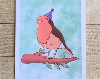 Robin Red Breast Bird Birthday Card, hand drawn, unique, country, mountain theme, for mom, wife, sister, aunt, bird lover etc