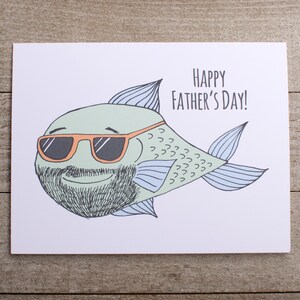 Tarjeta del Día del Padre con un pez, pescador, pescador, cazador, hipster, papá genial, papi, bigote, barba, país, de una hija, hijo, niño, niña