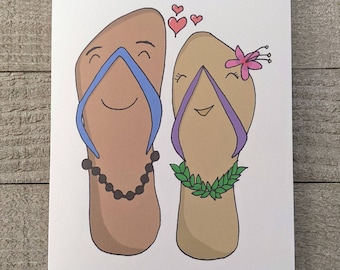 Hawaiian Slippers Love Card, Anniversary Wedding Greeting, Flip Flop Illustration