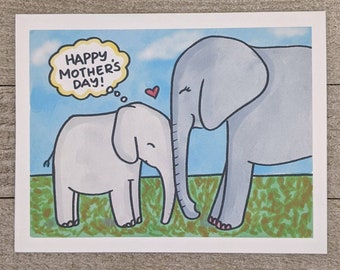 Elephant mother and child love card, happy mother's day card, for mom, from baby, from son, daughter, mommy, jungle animals hand drawn water