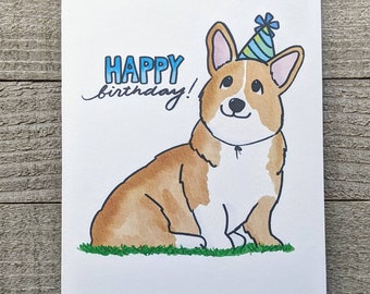 Corgi dog sitting on the grass birthday card, blank, watercolor, card for corgi lover, ldr, mother, father, friend, coworker, employee