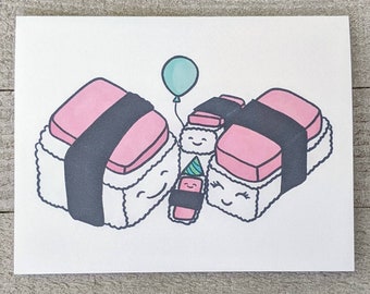 Spam musubi family of four birthday card, hawaii, asian American, japanese american, onigiri, rice balls, hawaiian local food, kawaii