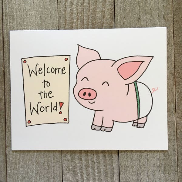 New Baby Shower Greeting Card, For a Pig lover, Home Made, Homemade, Hand Drawn, Kawaii Art, Mailable, Cute, Blank unique Funny boy girl