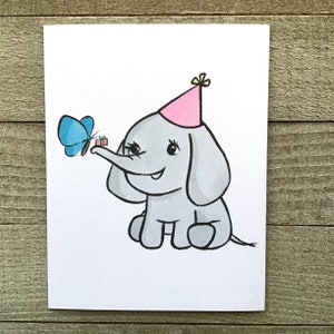 Kleine babyolifant blanco verjaardagswenskaart, voor een meisje, aquarel, handgetekende, eerste verjaardag, tweede verjaardag, kleindochter