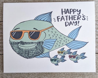 Dad Fish Card, Three Kids, Father's Day Greeting, Hand Drawn Illustration