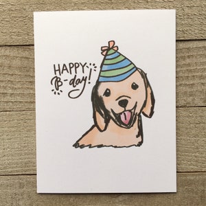 Carte d'anniversaire de chien joyeux dessiné main, blanc à l'intérieur, illustration, aquarelle, croquis au crayon
