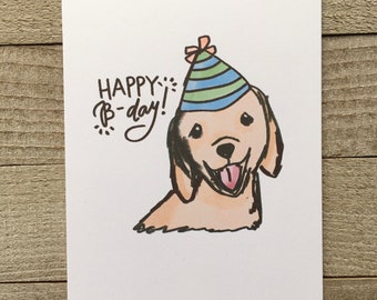 Hand drawn happy dog birthday card, blank inside, illustration, watercolor, pencil sketch