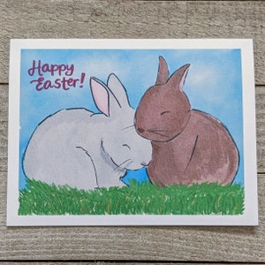 Deux lapins dans l'herbe, carte de voeux vierge de joyeuses Pâques, relation de longue date, aquarelle, pour mère amie belle-soeur nièce
