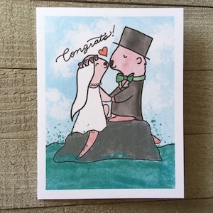 Carte de mariage loutres, carte de félicitations, félicitations, animal mignon, unique, kawaii, loutre de rivière, aquarelle, peintures, blanc à l'intérieur, voeux