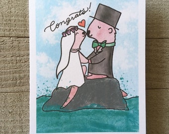 Otters Wedding Card, congrats card, congratulations, cute animal, unique, kawaii, river otter, watercolor, paints, blank inside, greeting