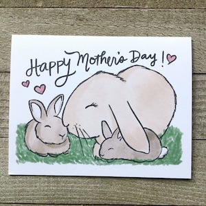 Coelho Mãe de dois coelhinhos, cartão de dia das mães, cartão exclusivo desenhado à mão, arte original em aquarela social, mãe de dois filhos