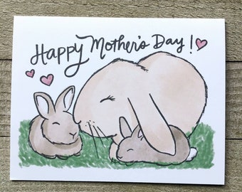 Rabbit Mother of two baby bunnies, mother's day card, unique hand drawn card, original social water color art, mama of two children