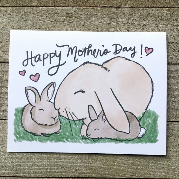 Rabbit Mother of two baby bunnies, mother's day card, unique hand drawn card, original social water color art, mama of two children