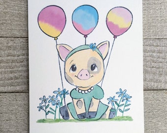 Birthday pig card blue daisies blank greeting card, happy bday, cute, for first birthday, for girl, daughter niece granddaughter, god mother