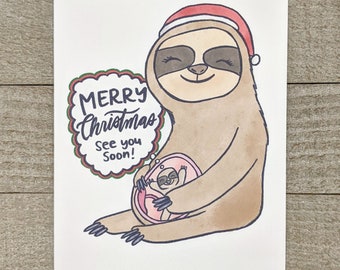 Sloth pregnant mother christmas greeting card, prenatal, soon to be mom dad, family, expecting mom, baby on the way, from the bump, baby on