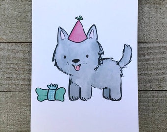 Little Wolf birthday, baby dog, puppy, pup, blank birthday card, simple cute drawing illustration, happy little gray dog mixed bday card