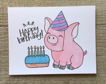 Pig Birthday Card, Watercolor Art, Pig Lover Gift